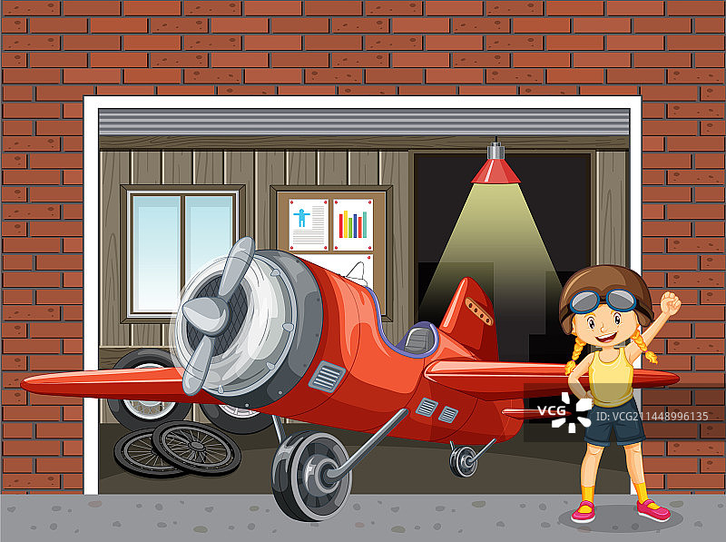 停在机库的飞机和周围的孩子图片素材