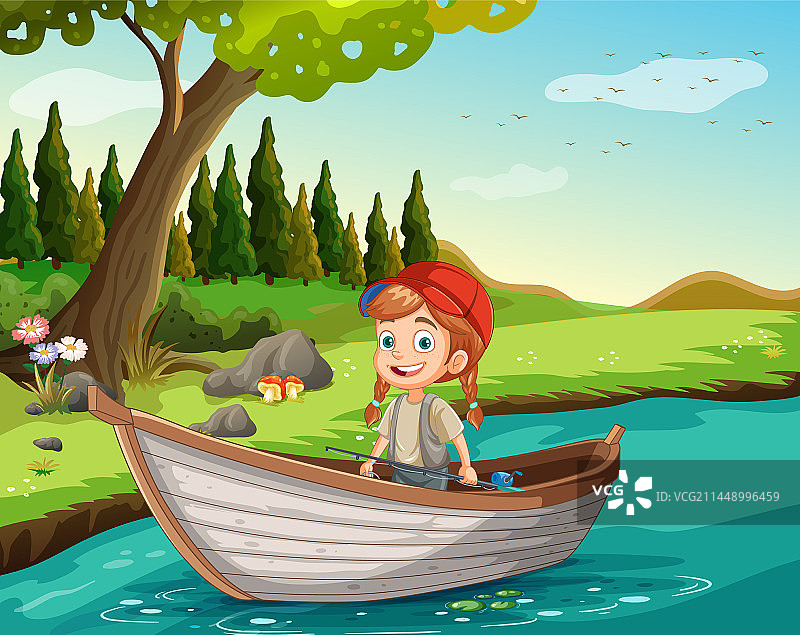 渔夫在河上木船上钓鱼图片素材