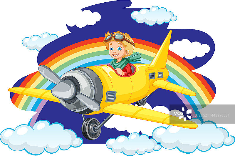 快乐的男孩在彩虹天空下开飞机图片素材