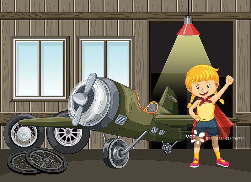 停在机库的飞机和周围的孩子图片素材