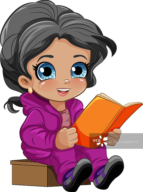 阅读书籍的可爱卡通女孩图片素材
