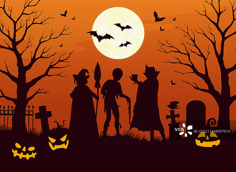 恐怖墓地上的万圣节角色剪影图片素材