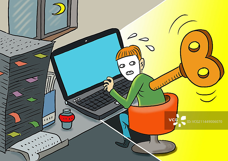 职场加班经常到深夜，一边工作一边敷面膜养生图片素材