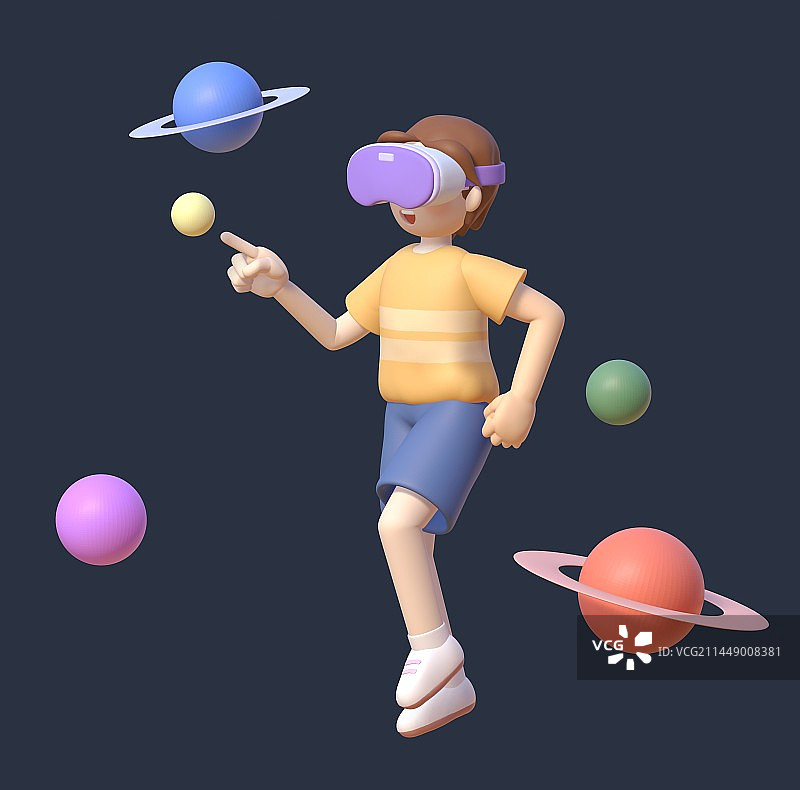 戴VR眼镜的男孩3D插画图片素材
