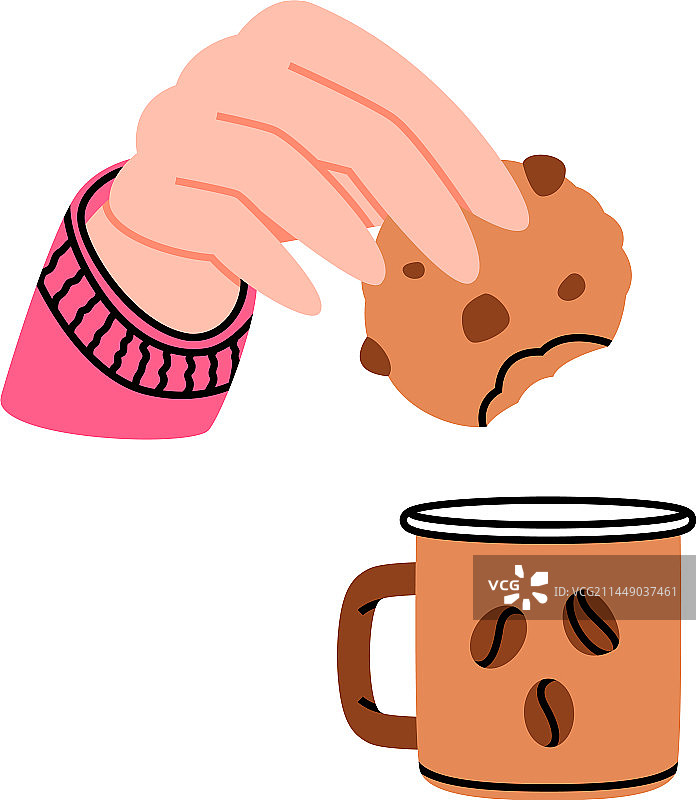 手拿饼干和香气扑鼻的咖啡杯图片素材