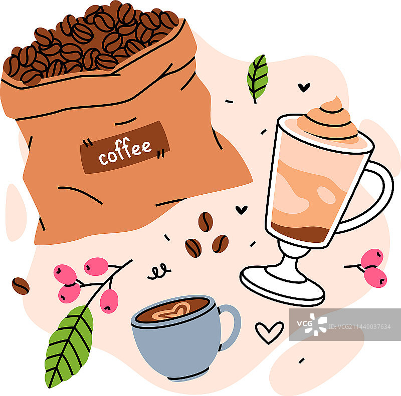 咖啡、杯子与豆袋图片素材