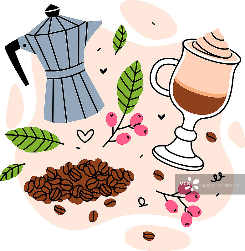 豆堆和水壶中的芳香咖啡饮品图片素材