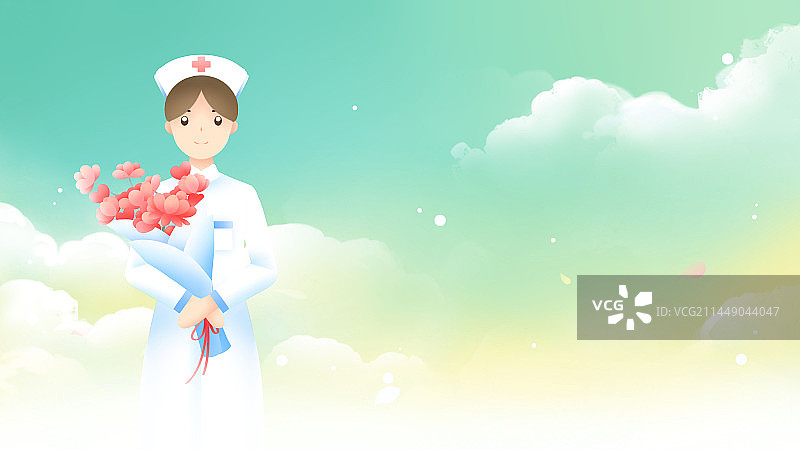 捧着花束的白衣天使，绿色唯美治愈医疗人员节日插画图片素材