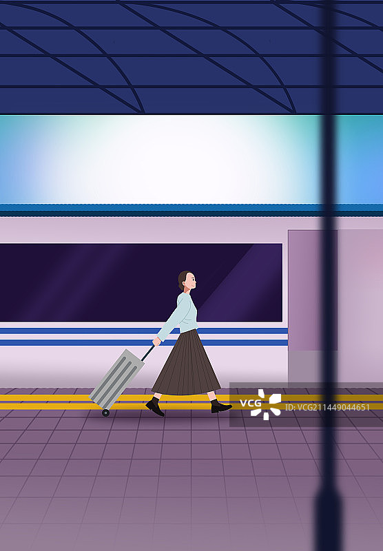 旅游旅行户外出行女生女孩女人搭火车动车高铁火车站月台行走侧身行李箱插画图片素材