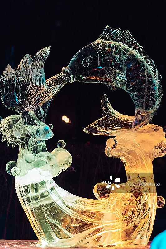 冬天哈尔滨兆麟公园金鱼造型的冰雕冰灯图片素材