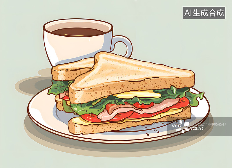 【AI数字艺术】AIGC:咖啡和三明治卡通插画图片素材