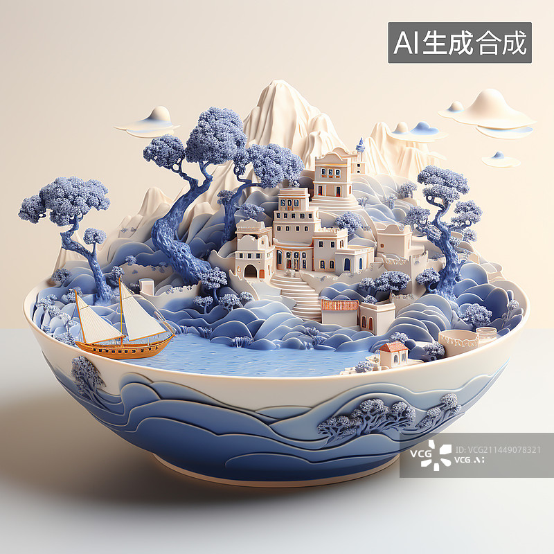 【AI数字艺术】中式传统建筑青花瓷浮雕景观图片素材