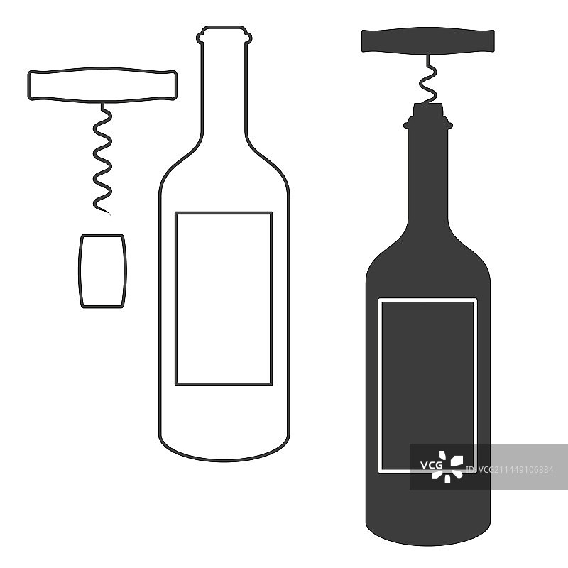 葡萄酒瓶和开瓶器扁平隔离图标图片素材