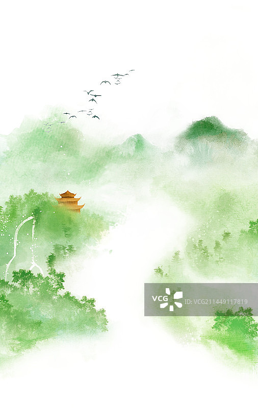 绿色山水河流建筑插画图片素材