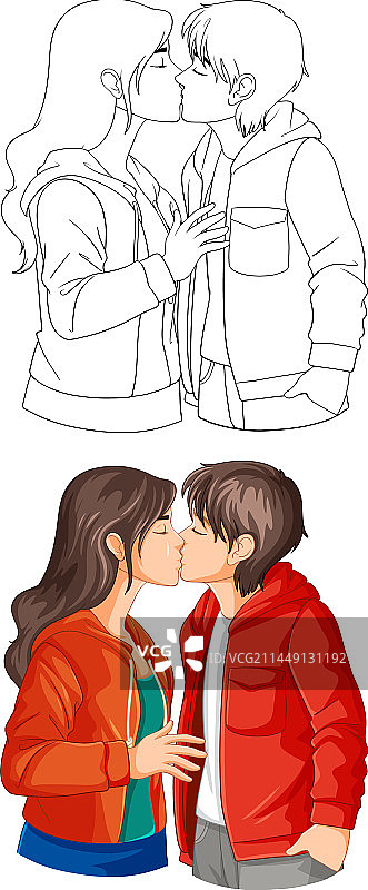 青年情侣亲吻卡通涂鸦轮廓图片素材