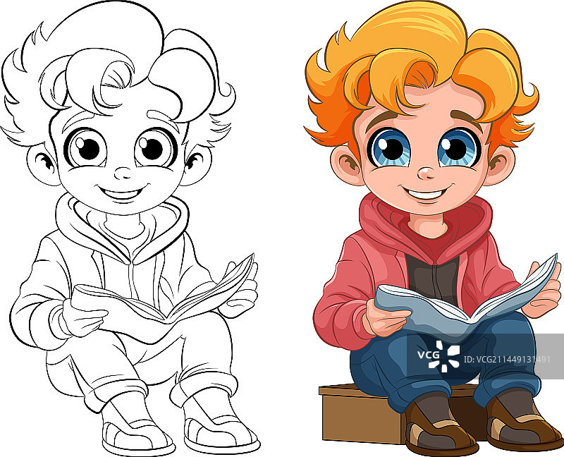 男孩坐着读书，有轮廓线图片素材