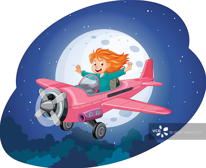 快乐女孩夜间乘飞机图片素材