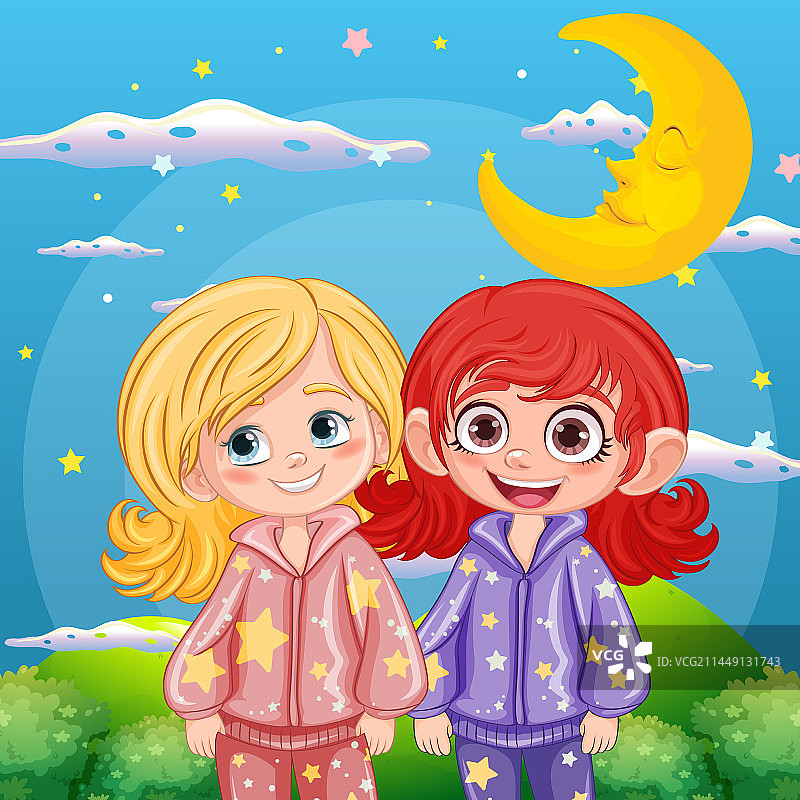 两个朋友穿着睡衣在夜晚的花园里图片素材