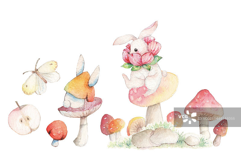 水彩手绘童话故事书里面的长耳兔子和蘑菇森林王国图片素材