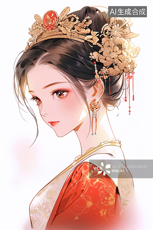【AI数字艺术】出嫁穿戴精美头饰的古代中国风的汉服美女插画图片素材