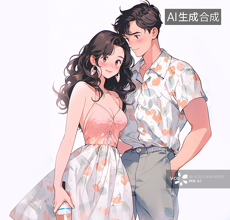 【AI数字艺术】夏天情侣出门逛街插画图片素材
