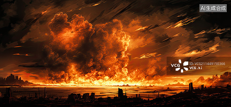 【AI数字艺术】原子弹爆炸时的蘑菇云，核爆炸场景渲染图片素材