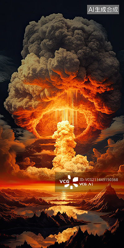 【AI数字艺术】原子弹爆炸时的蘑菇云，核爆炸场景渲染图片素材