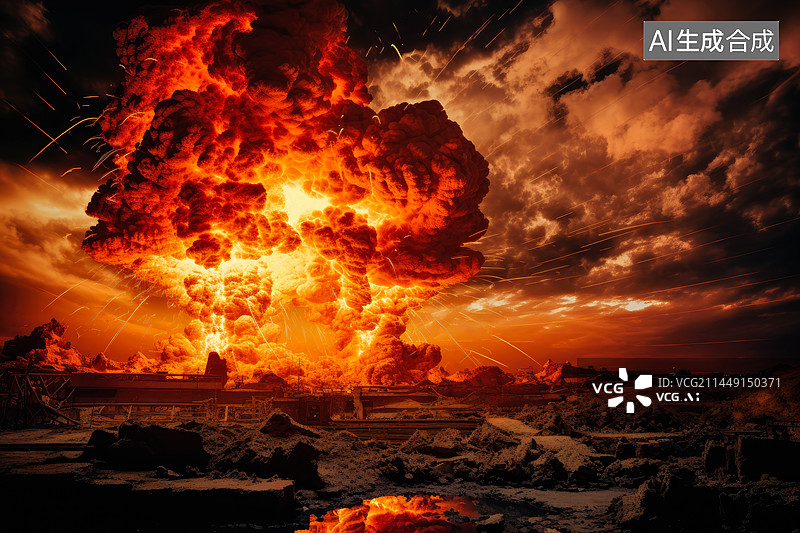 【AI数字艺术】原子弹爆炸时的蘑菇云，核爆炸场景渲染图片素材