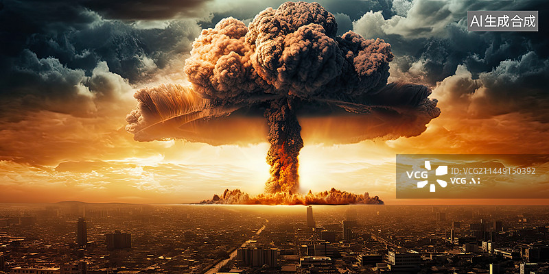 【AI数字艺术】原子弹爆炸时的蘑菇云，核爆炸场景渲染图片素材