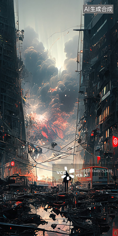 【AI数字艺术】一片狼藉的的城市废墟末日场景图片素材