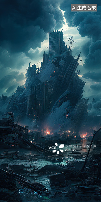 【AI数字艺术】一片狼藉的的城市废墟末日场景图片素材