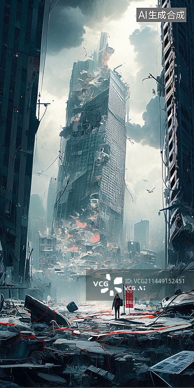 【AI数字艺术】一片狼藉的的城市废墟末日场景图片素材