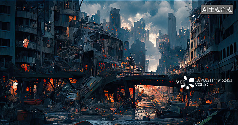 【AI数字艺术】一片狼藉的的城市废墟末日场景图片素材
