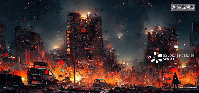 【AI数字艺术】一片狼藉的的城市废墟末日场景图片素材