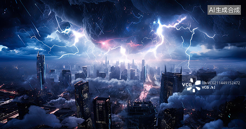 【AI数字艺术】雷暴天气下的城市被毁灭场景图片素材