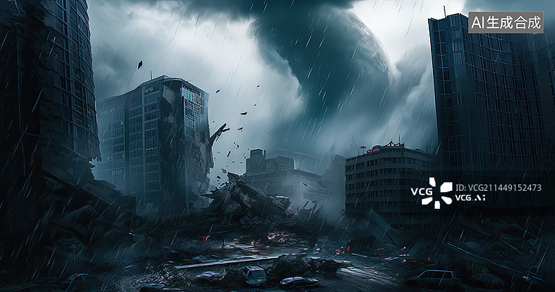 【AI数字艺术】暴风雨下被毁灭的城市残骸图片素材