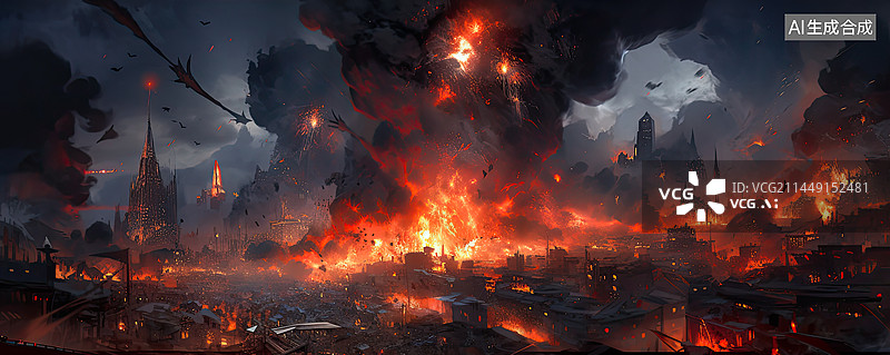【AI数字艺术】核爆炸冲击下的城市被毁灭瞬间图片素材