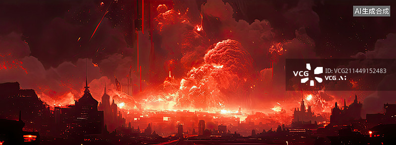【AI数字艺术】核爆炸冲击下的城市被毁灭瞬间图片素材