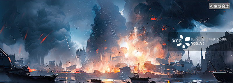 【AI数字艺术】核爆炸冲击下的城市被毁灭瞬间图片素材