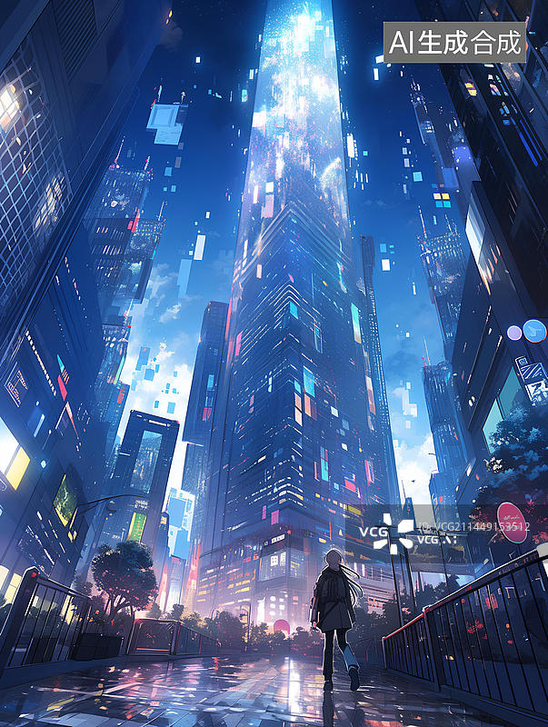 【AI数字艺术】赛博霓虹低视角概念城市图片素材