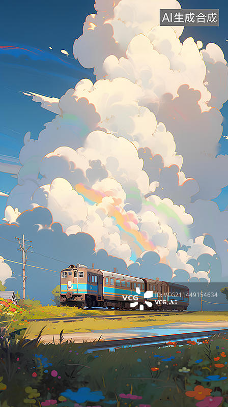 【AI数字艺术】夏日晴空下的列车插画图片素材