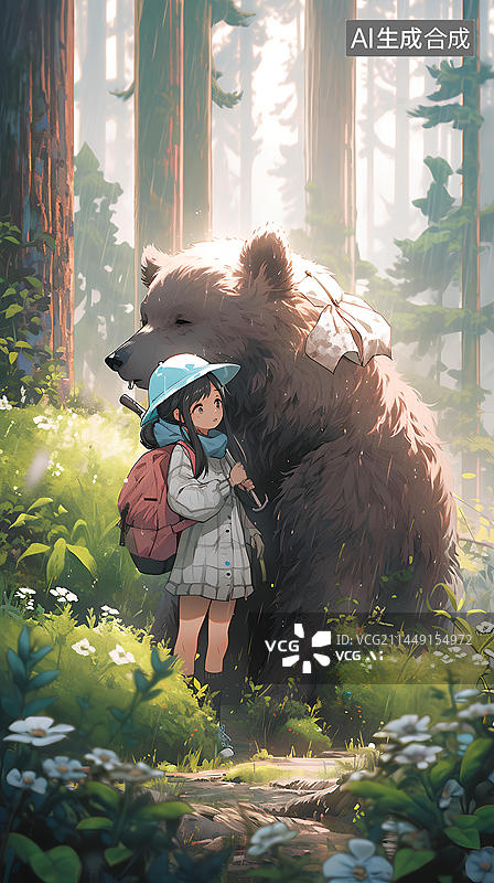 【AI数字艺术】小女孩在森林中和她的棕熊朋友玩耍图片素材