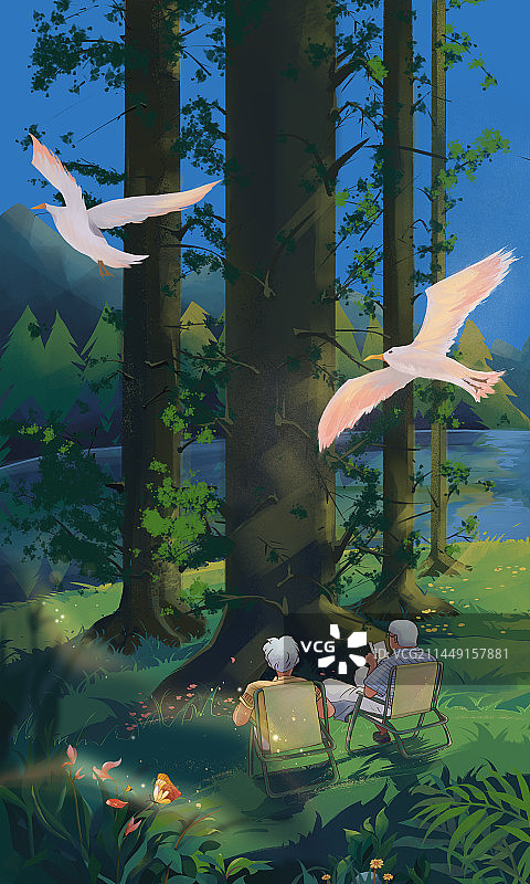 深林里河边坐着的两个老人图片素材