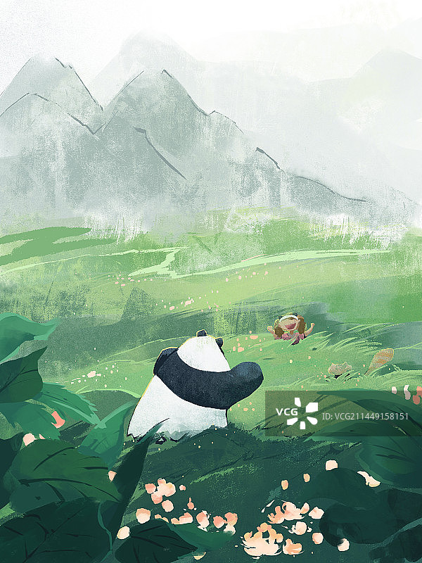 在草丛里奔跑嬉戏的大熊猫和小朋友卡国风可爱插画图片素材