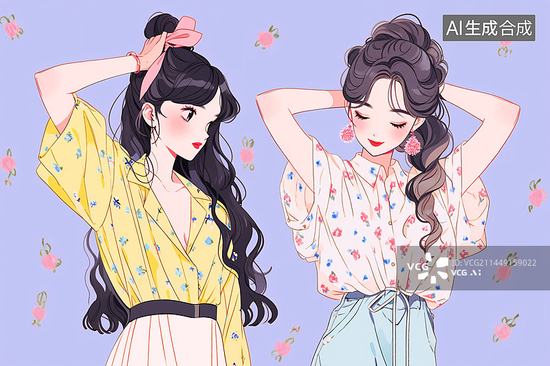 【AI数字艺术】女孩闺蜜之间学扎头发插画图片素材