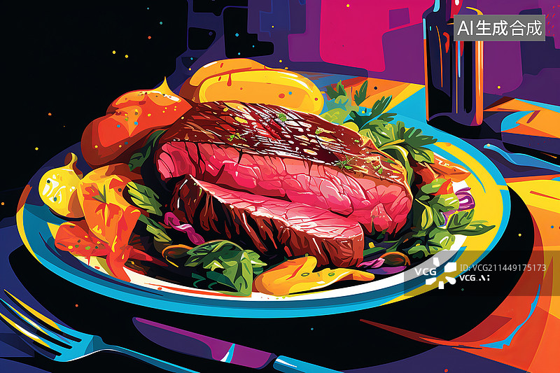 【AI数字艺术】一份鲜艳有食欲的西餐牛排插画图片素材