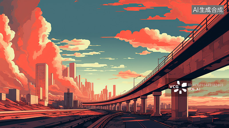 【AI数字艺术】城市交通高架桥印刷风格插画图片素材