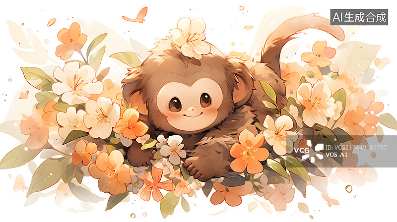 【AI数字艺术】花丛中可爱的小猴子图片素材