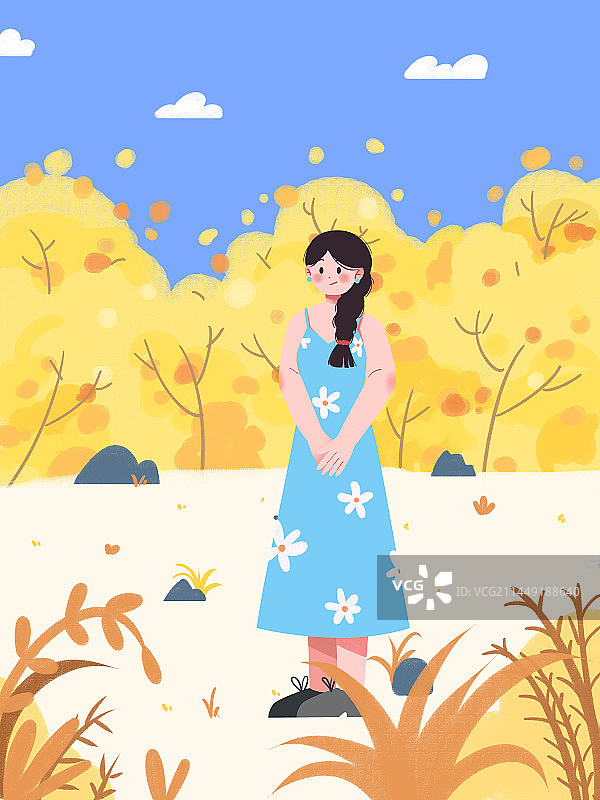 秋天里蓝色天空下女孩站在黄色树林前图片素材