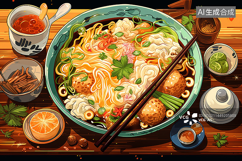 【AI数字艺术】一桌丰富诱人中国菜的鲜艳插画图片素材